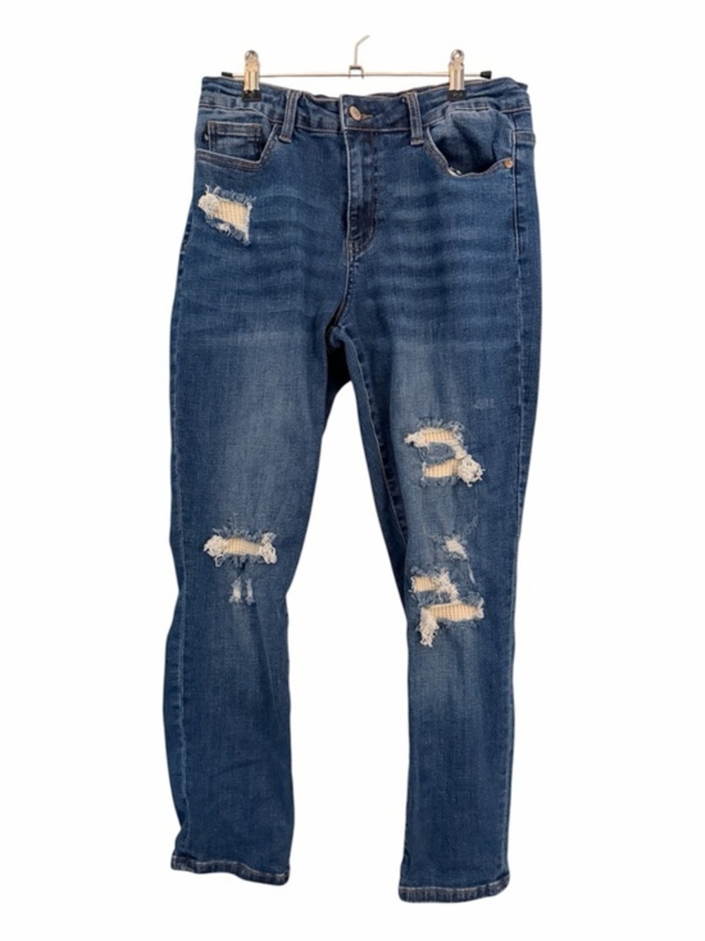 JUDY BLUE 9/29 Boyfriend Thermal Patch Mid-Rise Jeans Style 88306 Ripped